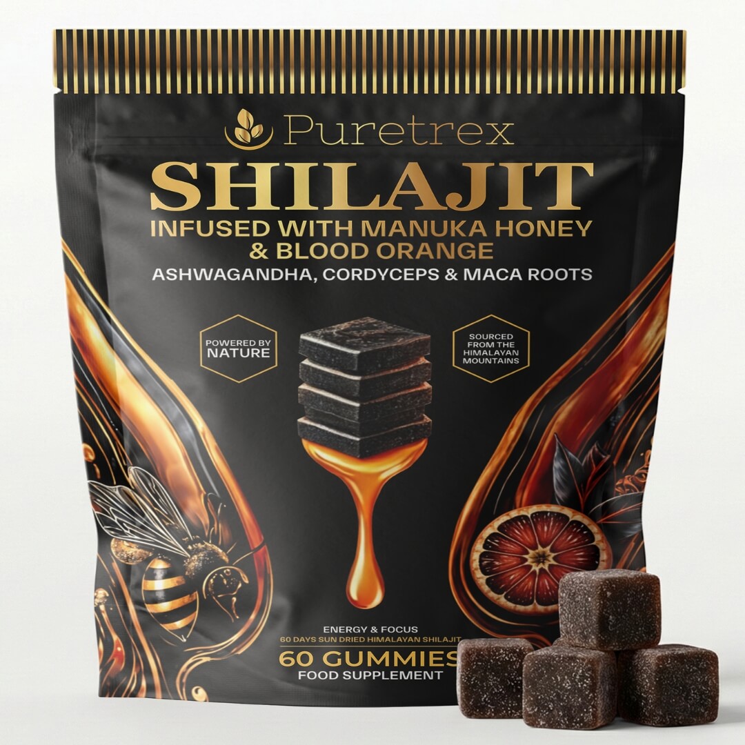 Shilajit Gummies Bag with Manuka Honey & Blood Orange Gum... - gummies front of pouch by PURETREX