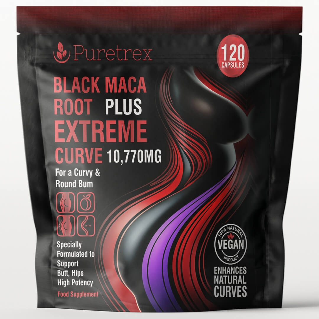 Black Maca Root Plus Extreme Curve Capsules 10,770mg - capsules front of pouch by PURETREX