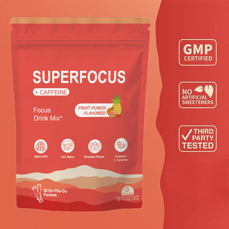 SuperFocus Focus Drink Mix with Caffeine – Fruit Punch Flavor (20 Packets)