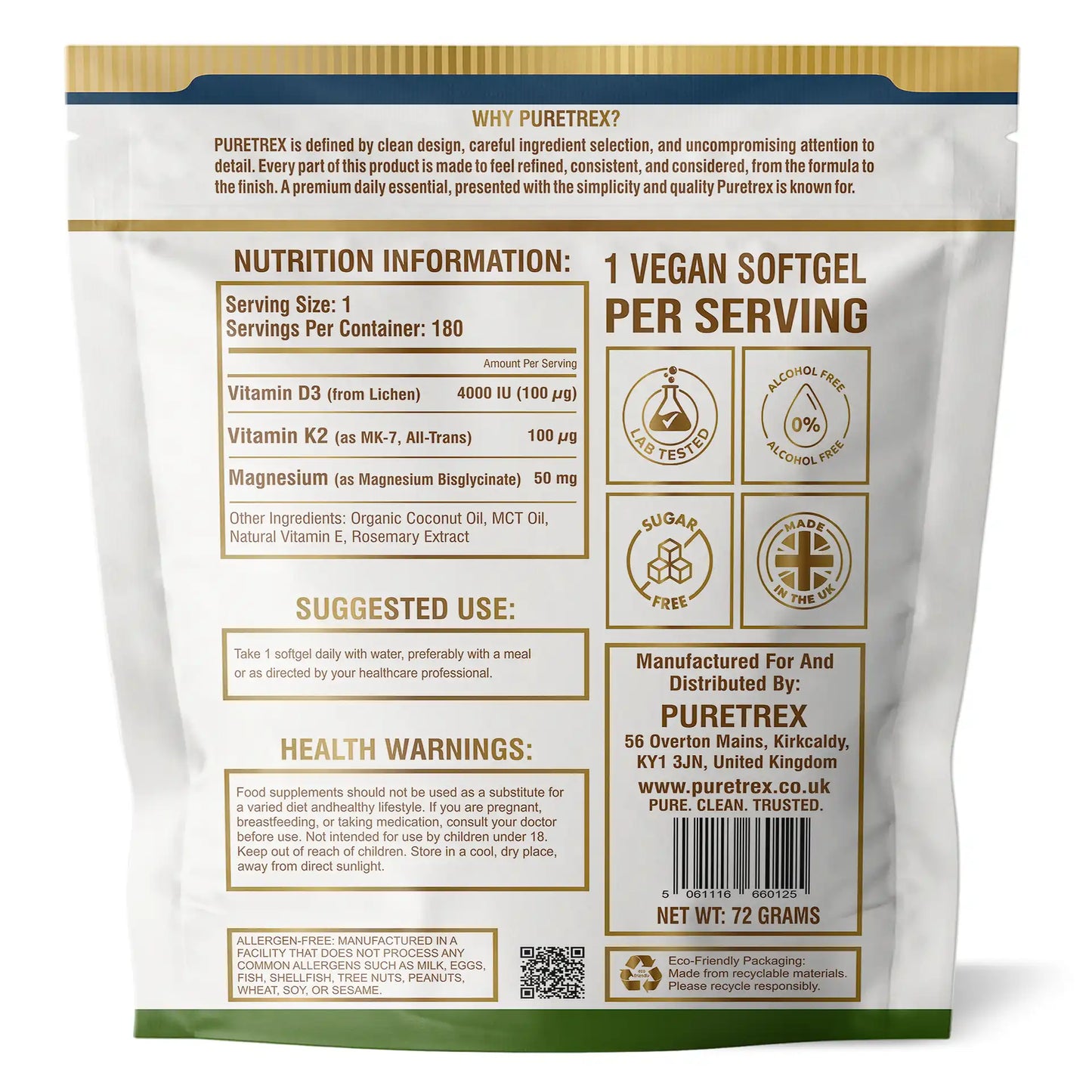 Back of a Puretrex supplement package with nutrition information and branding details.