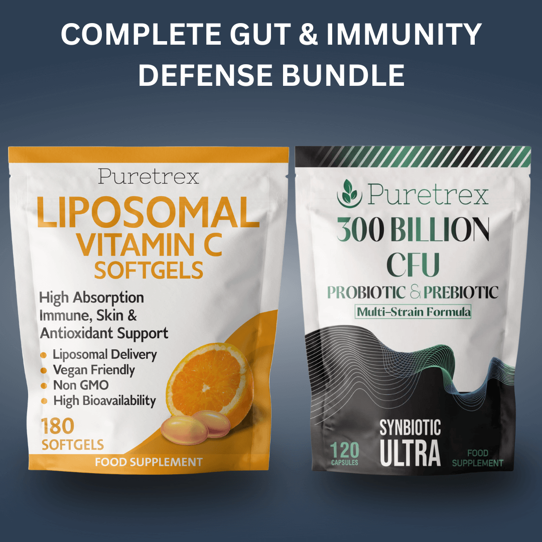 Complete Gut and Immunity Defense Bundle with Liposomal Vitamin C Softgels and 300 Billion CFU Probiotic & Prebiotic capsules for digestive and immune support.