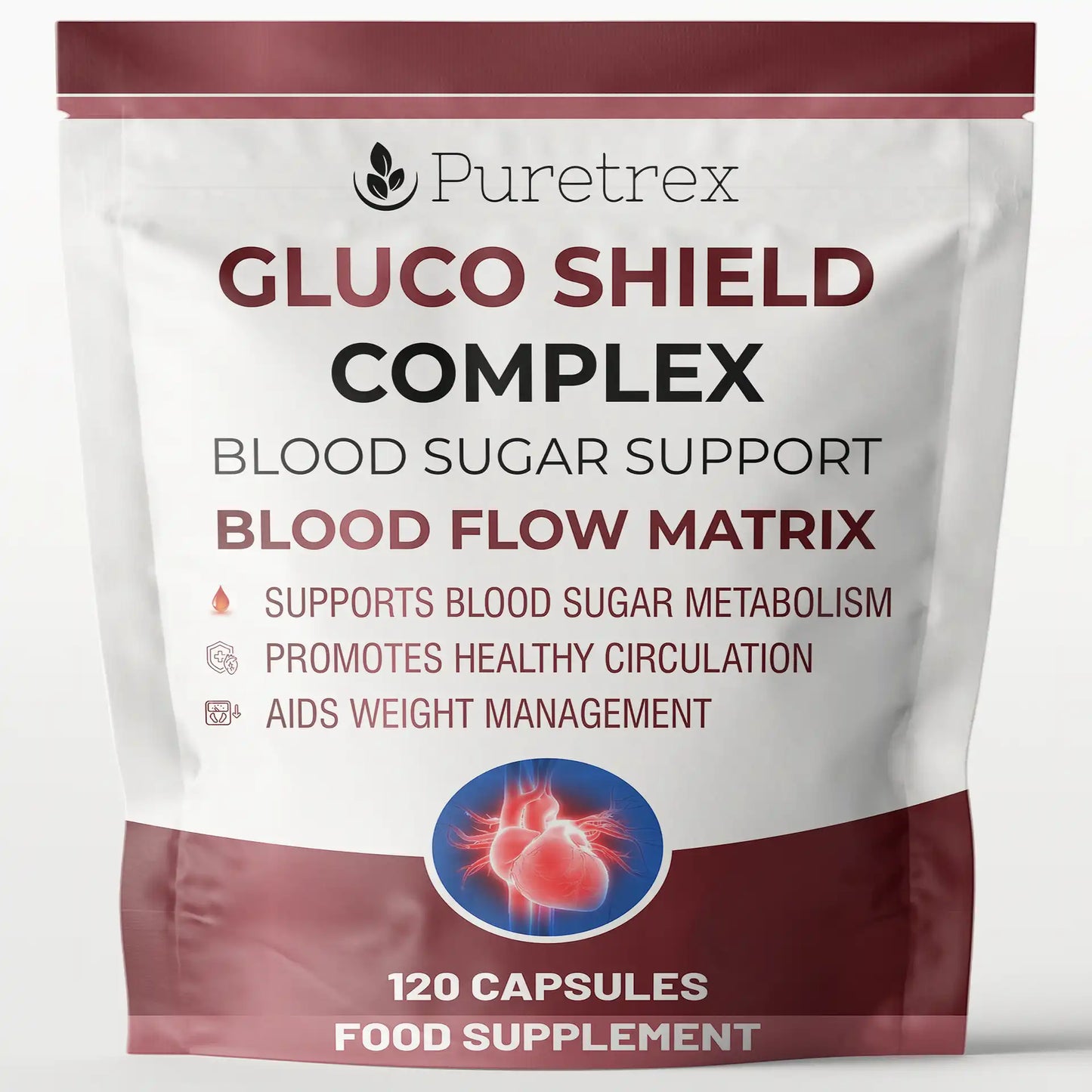 Puretrex Gluco Shield Complex supplement package on a white background