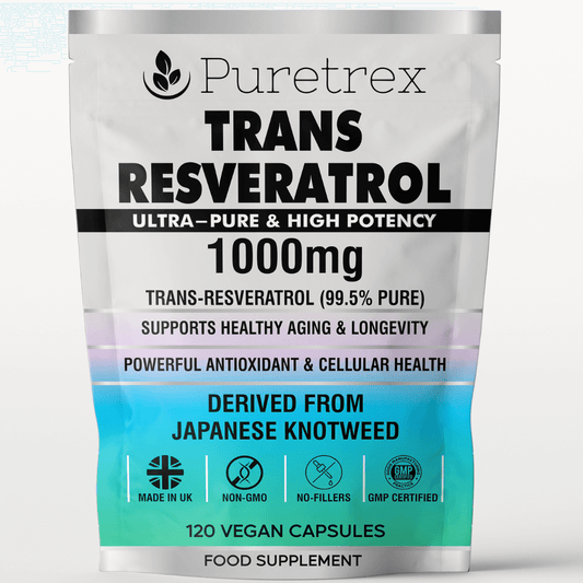 PURETREX Trans-Resveratrol 1000mg, 99.5% pure, derived from Japanese Knotweed, 120 vegan capsules for anti-ageing, antioxidant, and heart health support.