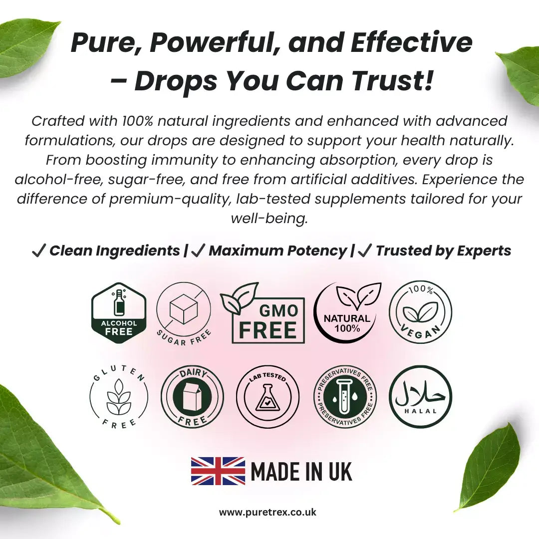 Quality assurance icons and claims for Puretrex Liposomal B12 Complex highlighting vegan, non-GMO, lab tested, and made in the UK.