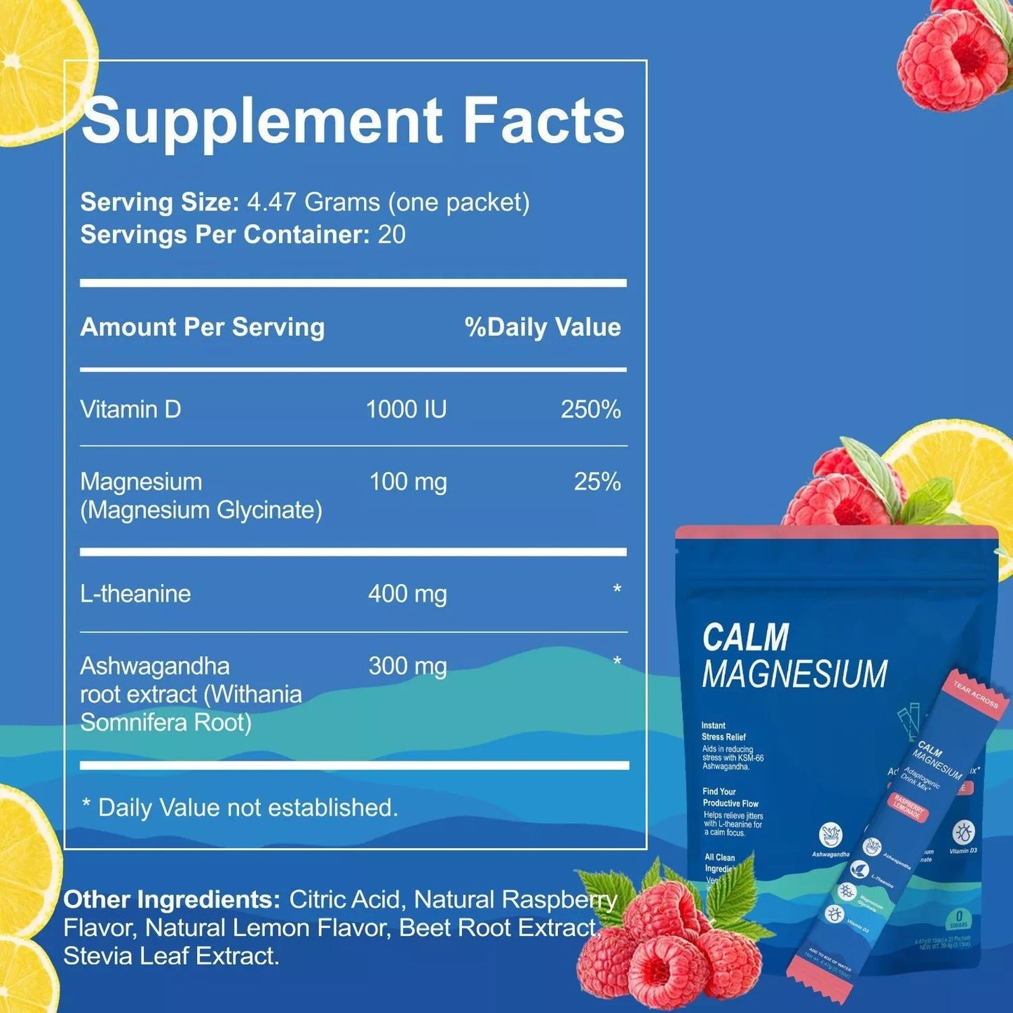 Supplement facts panel of Puretrex Calm Magnesium Raspberry Lemonade with magnesium, ashwagandha, L-theanine, and vitamin B6.