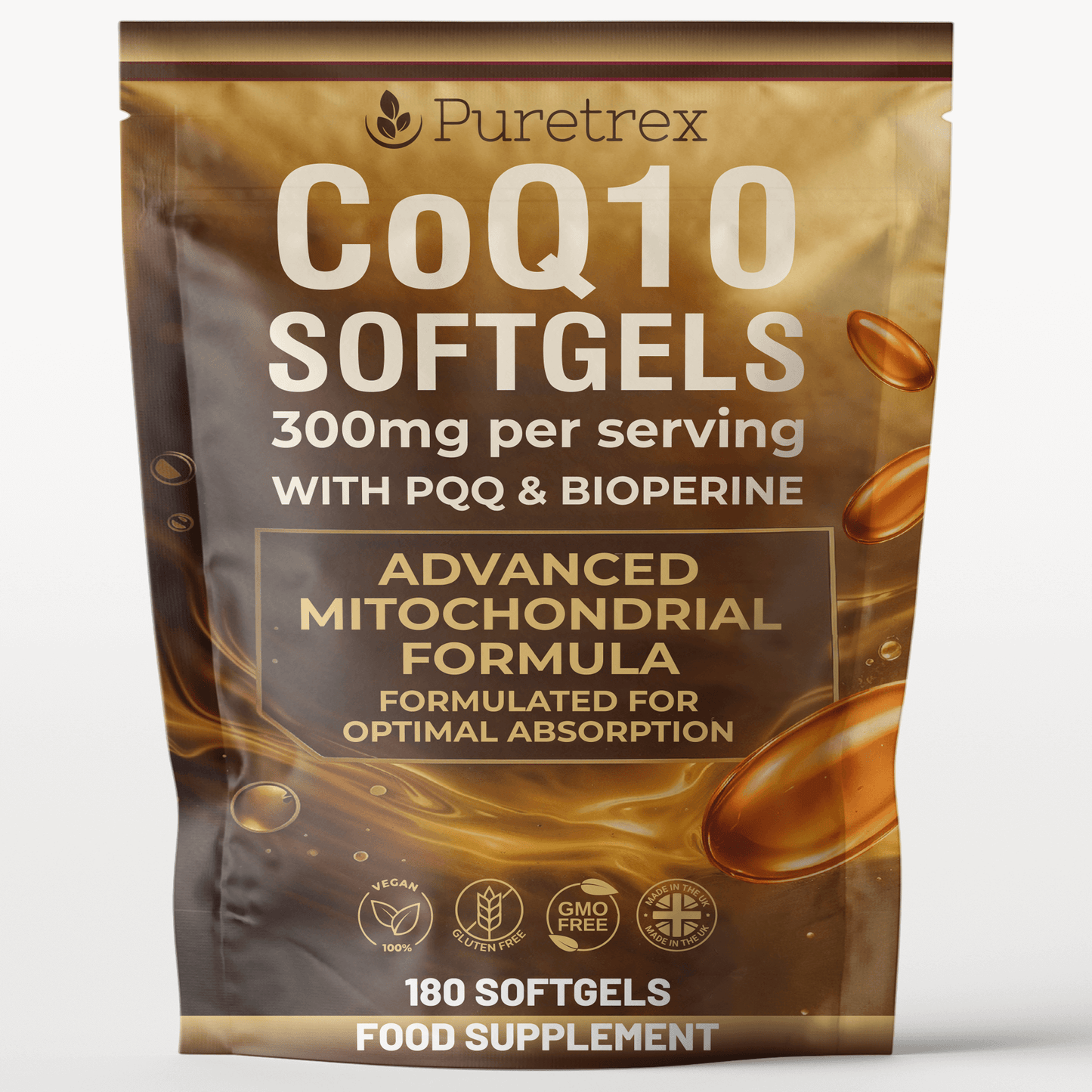 PURETREX CoQ10 Softgels 300mg with PQQ and BioPerine – Advanced Mitochondrial Formula, 180 Vegan Softgels Food Supplement