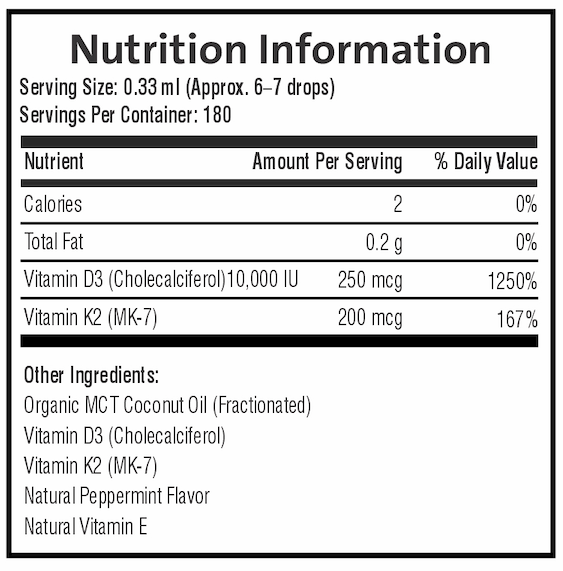 Nutrition information panel for PURETREX Vitamin D3+K2 Drops with serving size and ingredient amounts.