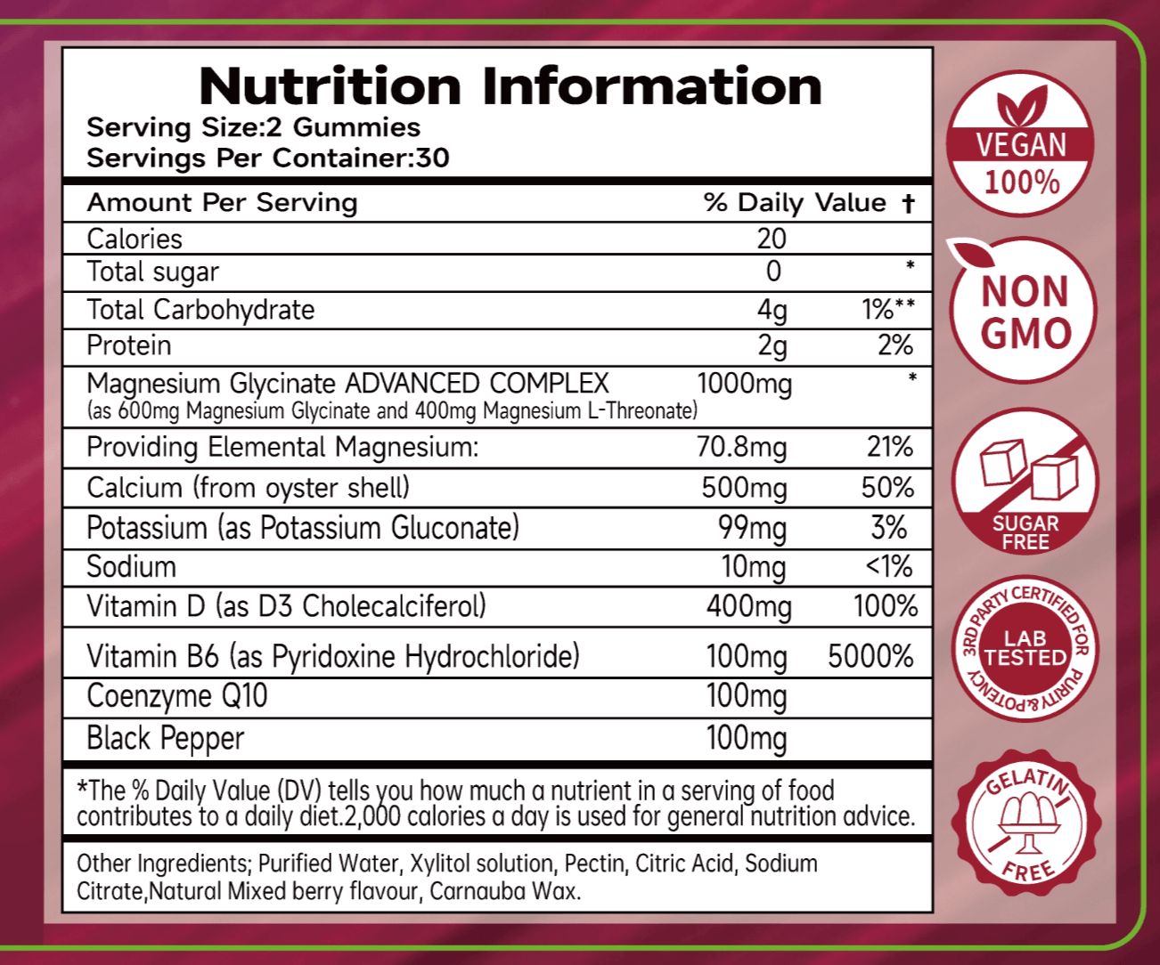 Nutrition information for Puretrex Magnesium Glycinate Gummies – 2000mg formula with calcium, potassium, CoQ10, vitamin D, vitamin B6, sugar-free, non-GMO.