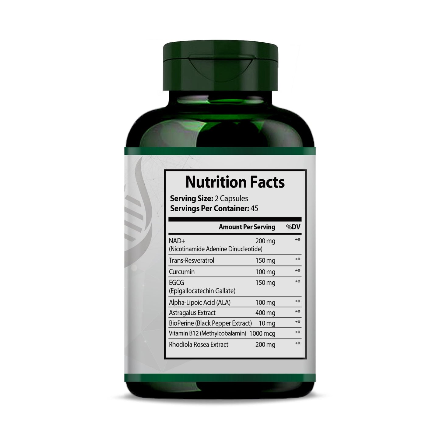NAD+ Booster Complex with Trans-Resveratrol Capsules - PURETREX Back view of PURETREX NAD+ Booster Complex bottle with usage instructions, ingredient list, and certifications.
