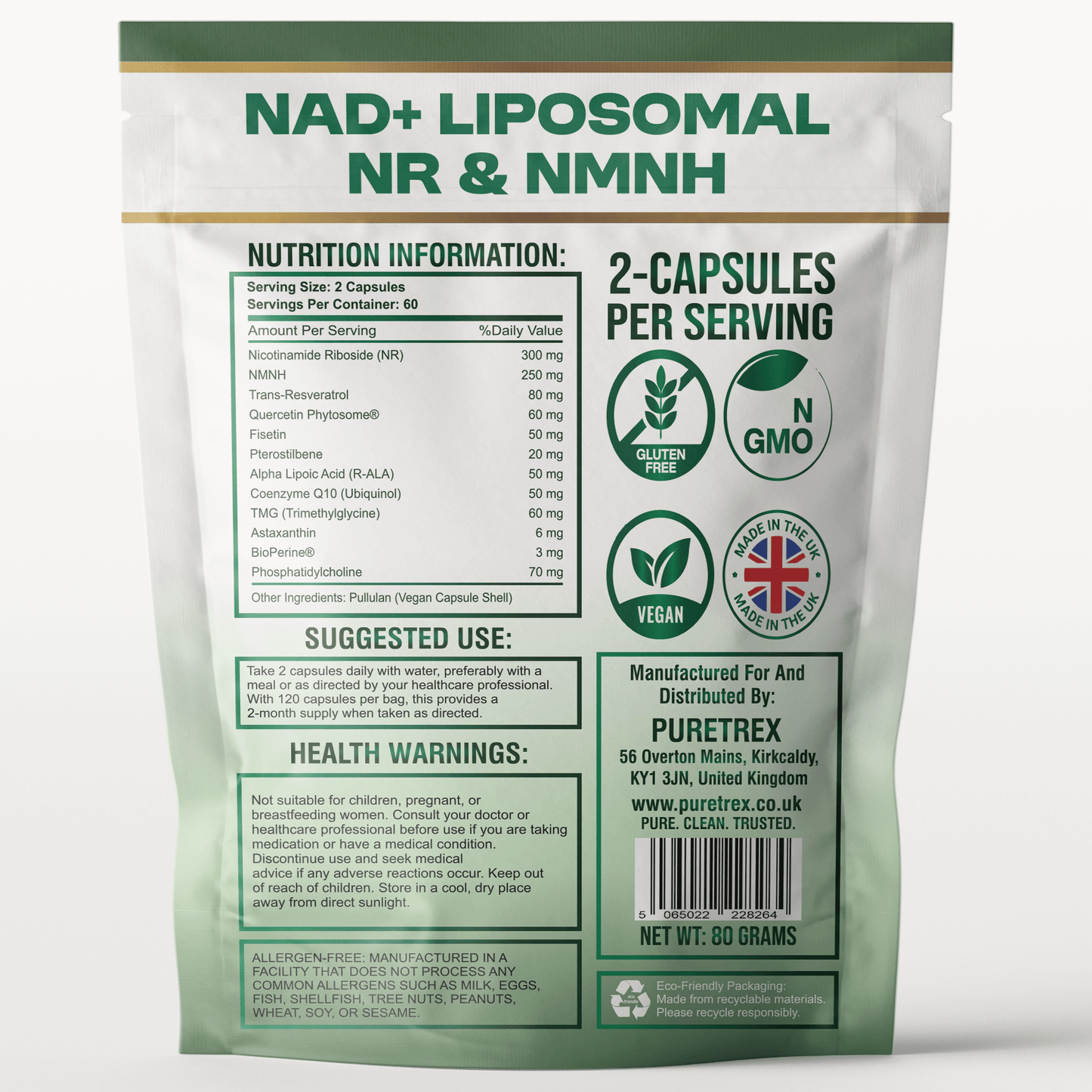 Back of Puretrex NAD+ Liposomal NR & NMNH package with nutrition facts, suggested use and warnings.