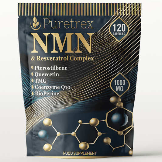 Front packaging of Puretrex NMN & Resveratrol Complex 1000mg, 120 capsules, with Pterostilbene, Quercetin, TMG, Coenzyme Q10, BioPerine.