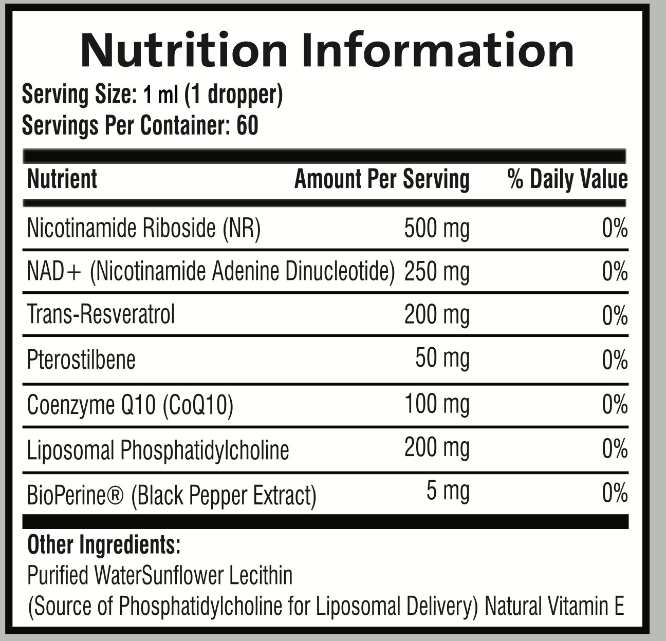 Supplement facts panel for Puretrex Liposomal NAD+ & NR Drops listing per serving amounts of Nicotinamide Riboside, NAD+, Resveratrol, Pterostilbene, CoQ10, and other ingredients.