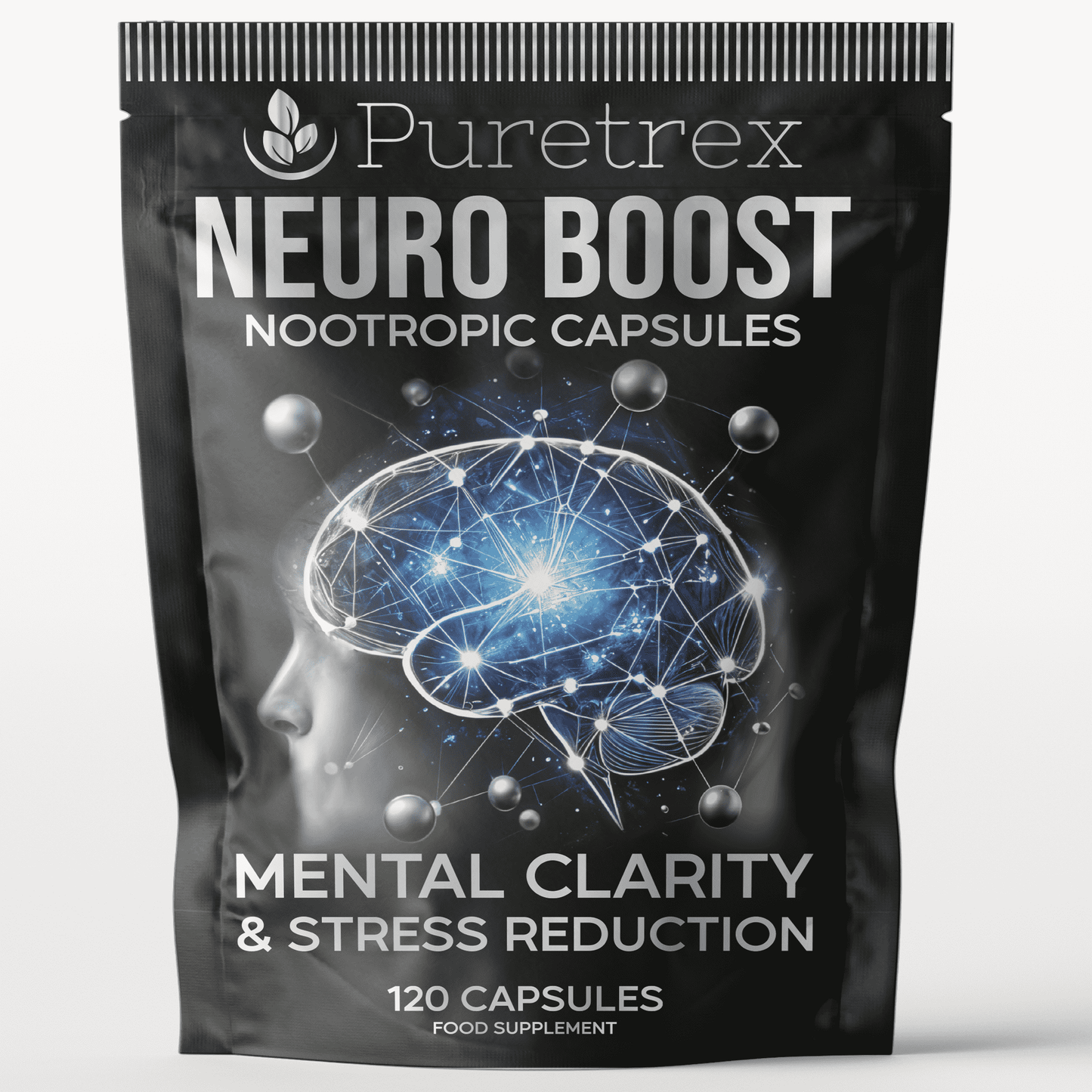 PURETREX Neuro Boost Nootropic Capsules – front pouch packaging, focus, 120 capsules food supplement.