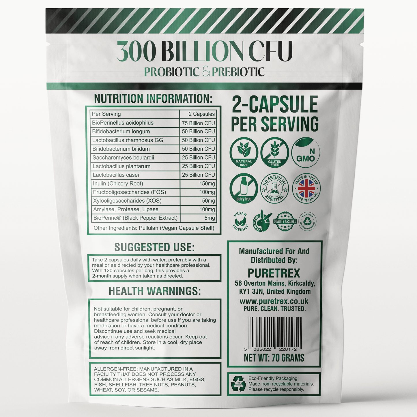 Nutrition information, serving size, suggested use, and icons on the back of Puretrex 300 Billion CFU Probiotic & Prebiotic pouch.
