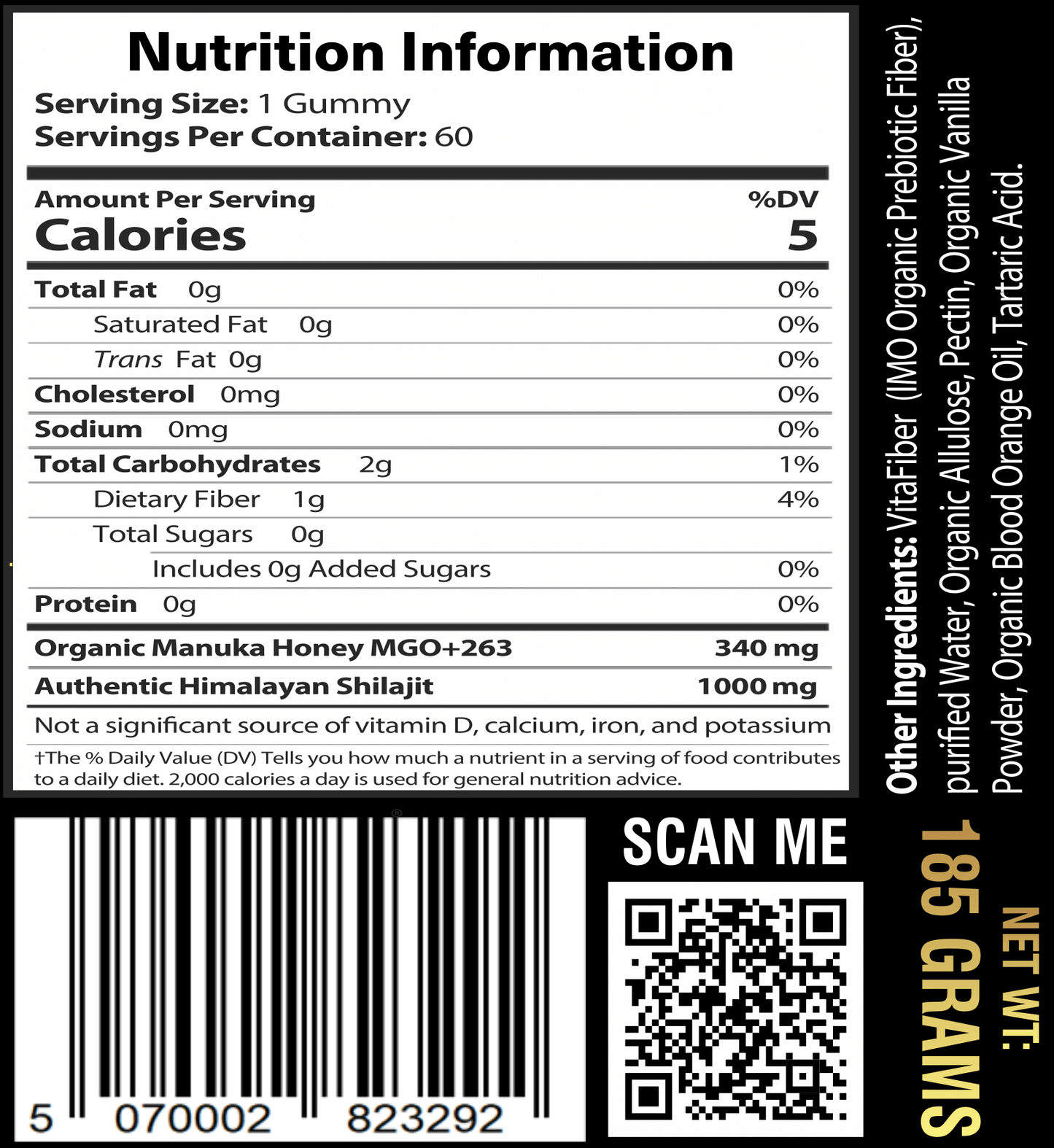 Nutrition information for PURETREX Shilajit Gummies – calories, carbohydrates, sugars, Shilajit extract, Manuka honey content.
