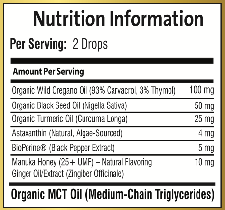 Supplement facts label of Puretrex Organic Wild Oregano Oil with Ginger & Manuka Honey.