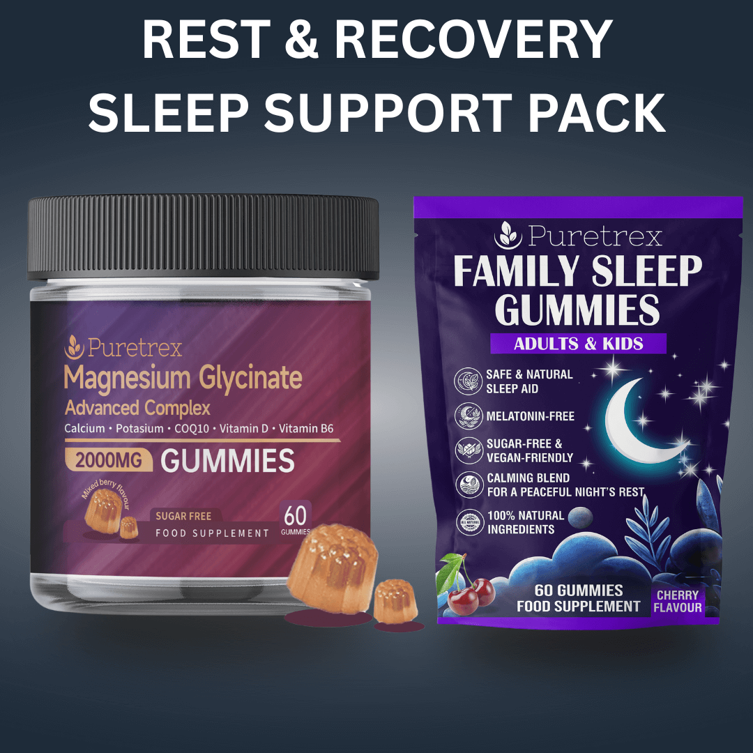 Puretrex Rest & Recovery Sleep Support Pack featuring Magnesium Glycinate Advanced Complex Gummies and Family Sleep Gummies for adults and kids.