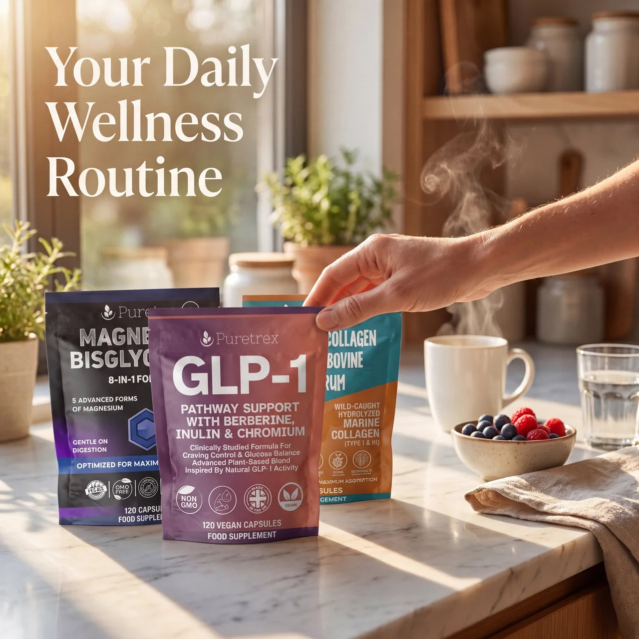 Hand selecting a Pureflex supplement package on a kitchen counter with 'Your Daily Wellness Routine' text.
