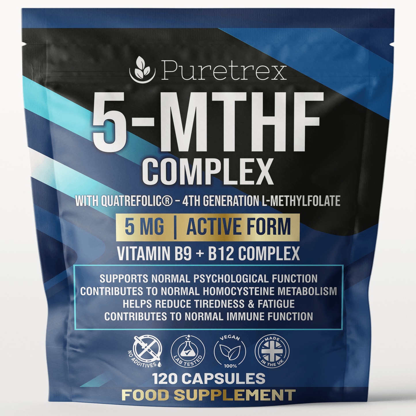 PURETREX 5-MTHF Complex supplement pouch with Quatrefolic active folate, Vitamin B9 and B12, 5mg advanced formula for energy, focus, and support