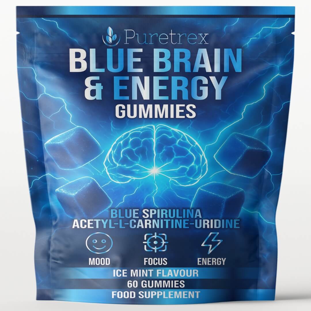 Puretrex Blue Brain and Energy Gummies front packaging showing focus, mood and with blue spirulina, acetyl-L-carnitine and uridine