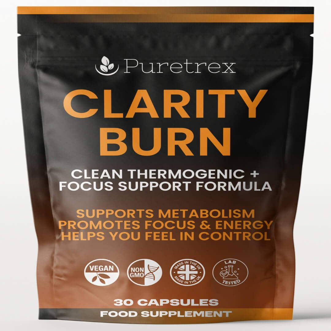 Puretrex Clarity Burn front packaging showing clean thermogenic and formula designed to support daily wellness and energy
