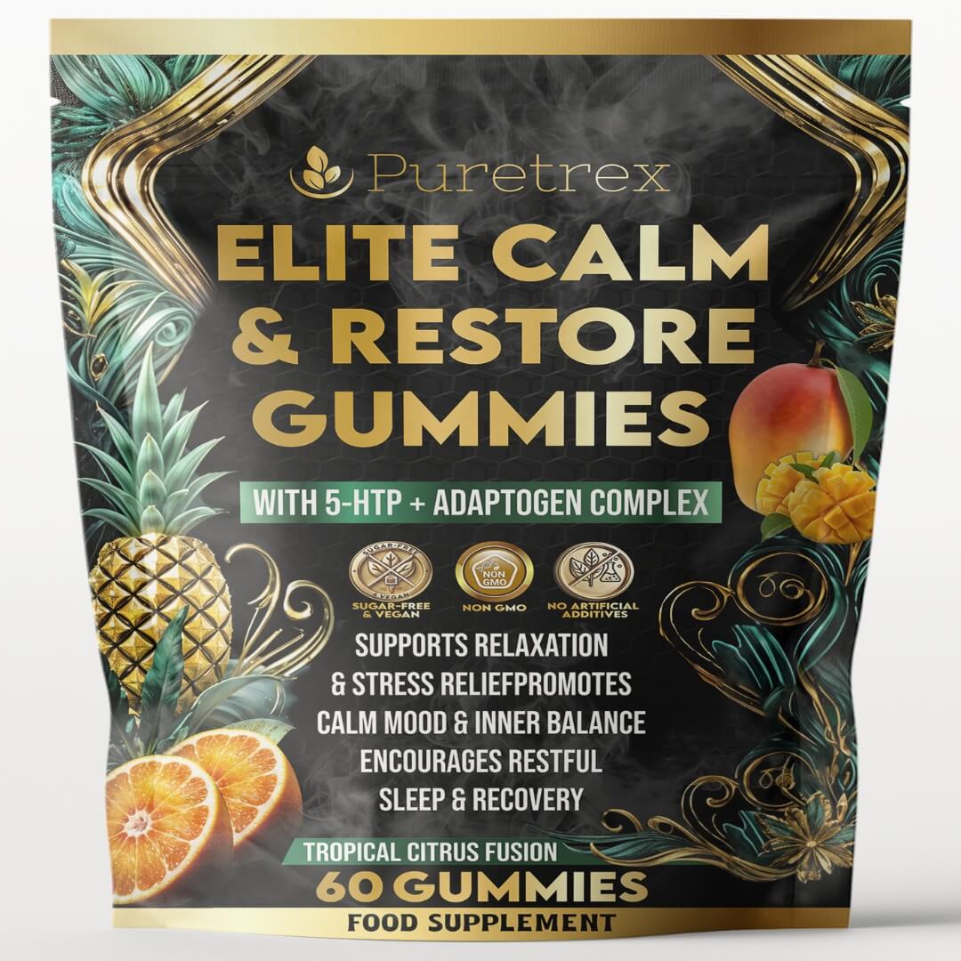 Puretrex Elite Calm and Restore Gummies front packaging showing and support with 5-HTP and adaptogen complex, tropical citrus flavour