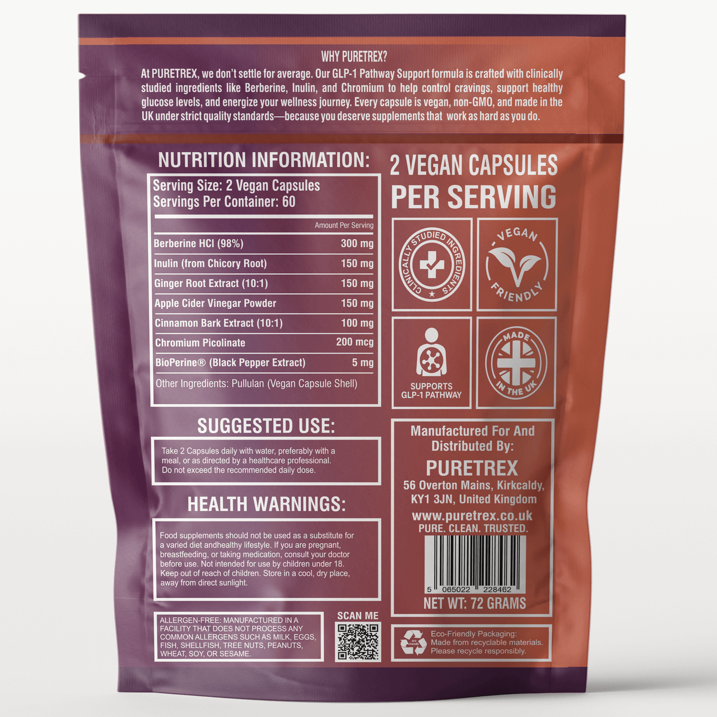 Back of Puretrex GLP-1 Pathway Support supplement package with nutrition information, serving size, suggested use and manufacturer details