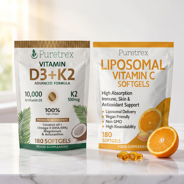 PURETREX Immune Support Stack: Vitamin D3 + K2 softgels and Liposomal Vitamin C softgels pouches on a white marble surface
