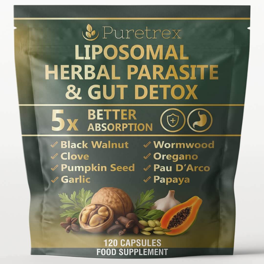 Puretrex Liposomal Herbal Parasite and front packaging pouch showing 5x better absorption, botanical ingredients and capsule supplement and support