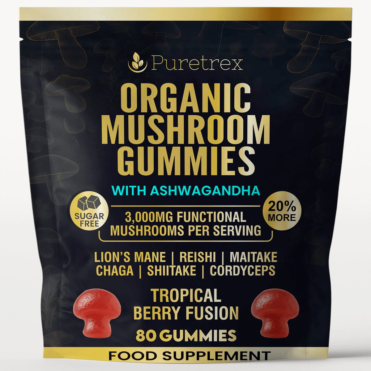 Puretrex Organic Mushroom Gummies front packaging showing functional mushroom blend with ashwagandha, lions mane, reishi, maitake, chaga, shiitake and cordyceps for daily balance