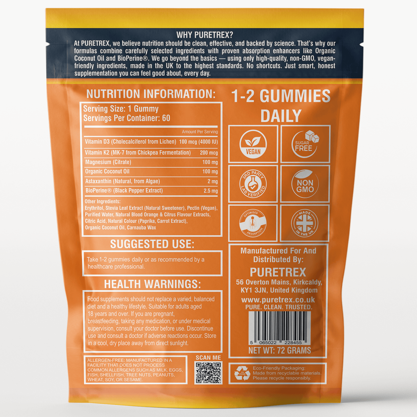 Back of Puretrex Vitamin D3 K2 Gummies 4000 IU packaging showing nutrition facts, suggested use, health warnings, vegan and non-GMO icons, and manufacturer details