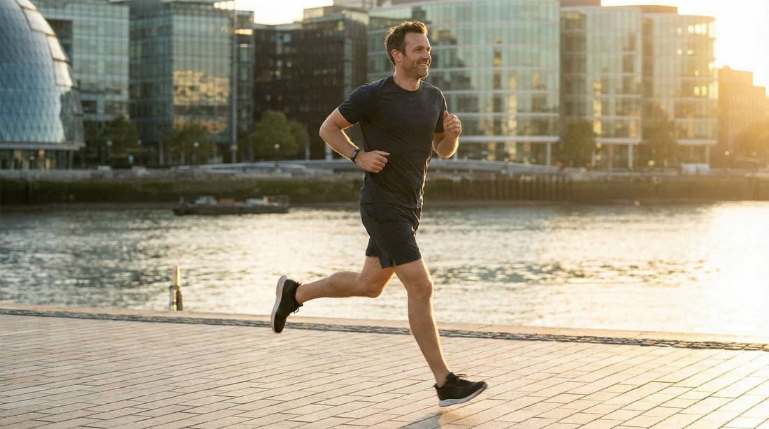 Active man running along riverside path in morning light representing sustained energy and performance from UK supplements