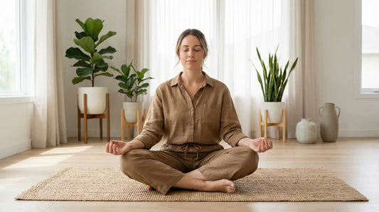 Woman meditating in bright living room representing adaptogen and stress support supplementation with ashwagandha KSM-66