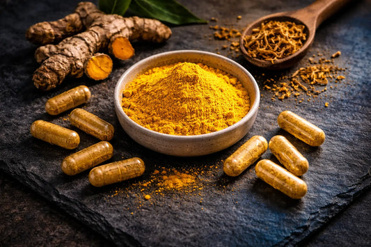Berberine capsules and yellow barberry powder on dark background — UK guide to berberine and GLP-1 research by PURETREX