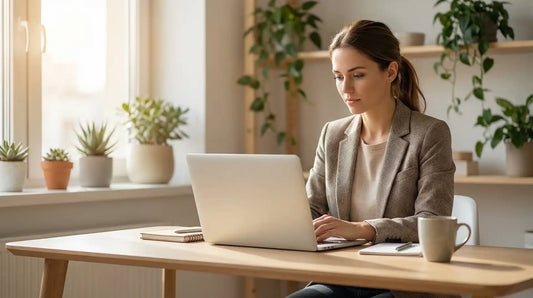 Focused woman working productively at clean desk representing mental clarity and cognitive support from brain fog supplements