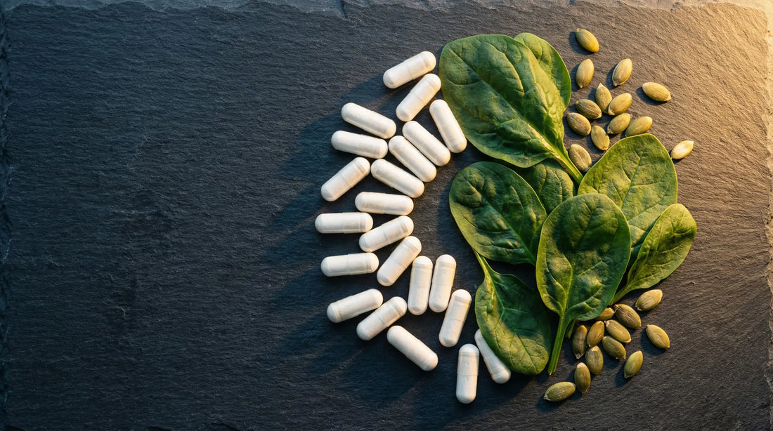 Magnesium supplement capsules and green leafy vegetables on dark background — complete UK magnesium guide by PURETREX