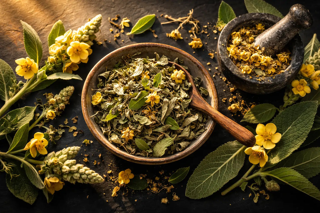 Dried mullein leaves and yellow flowers on dark slate — mullein supplement UK guide by PURETREX