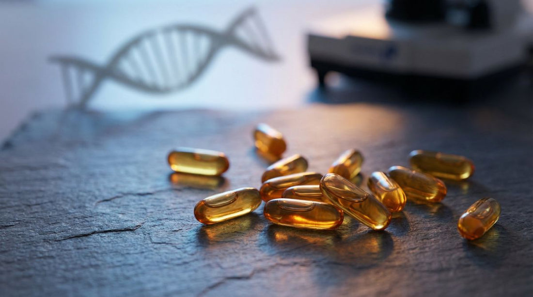 Golden NMN supplement capsules on dark slate surface with DNA helix in background - NAD+ and resveratrol cellular wellness