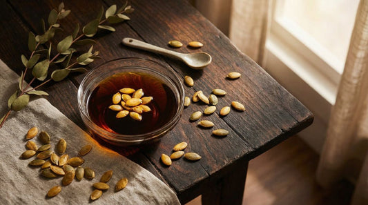 Pumpkin seed oil in glass bowl with scattered pumpkin seeds on rustic wooden table - natural hair and prostate wellness
