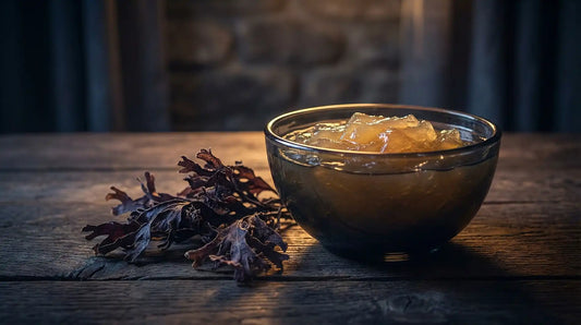 Sea moss gel in glass bowl beside fresh sea moss fronds with warm backlighting