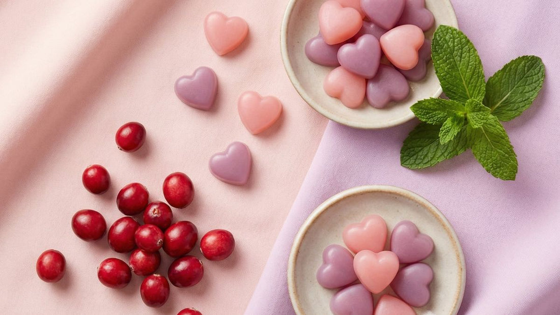 Pink and purple heart-shaped probiotic gummies with fresh cranberries and mint on pastel background - women's wellness supplement