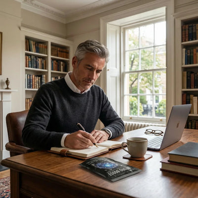 Man writing in a leather notebook at a walnut desk in a home study with a PURETREX Neuro Boost supplement pouch among books and coffee — Brain, Cognitive & Longevity Support collection