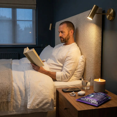 `Man reading a book in bed by brass reading light with a PURETREX Family Sleep Gummies supplement pouch on the bedside table — Calm, Sleep & Stress Balance collection`
