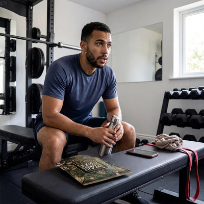 `Man resting between sets on a weight bench in a premium home gym with a PURETREX Shilajit Sea Moss supplement pouch on a towel beside him — Focus, Energy & Performance collection`
