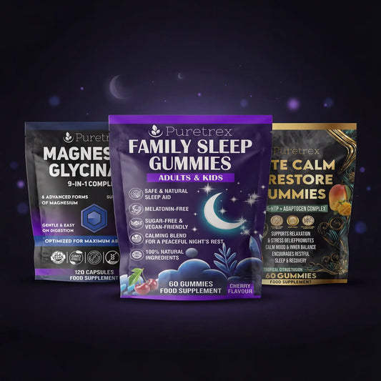PURETREX Midnight Recovery Stack bundle featuring Magnesium Glycinate 9-in-1 Complex, Family Sleep Gummies and Ultimate Calm Restore Gummies for sleep and relaxation support