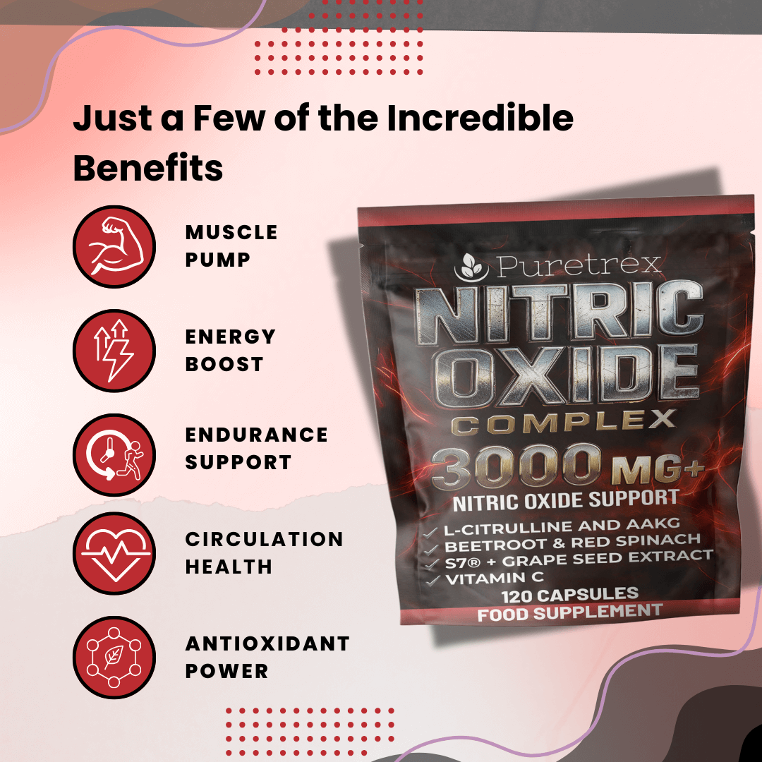 Puretrex Nitric Oxide Complex supplement package with benefits listed on a colorful background