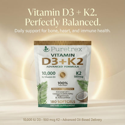 Vitamin D3 10,000 IU + K2 500mcg MK7 with Coconut Oil