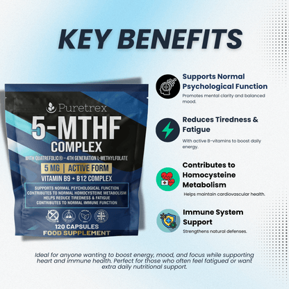 Puretrex 5-MTHF Complex supplement package with key benefits listed on a light blue background