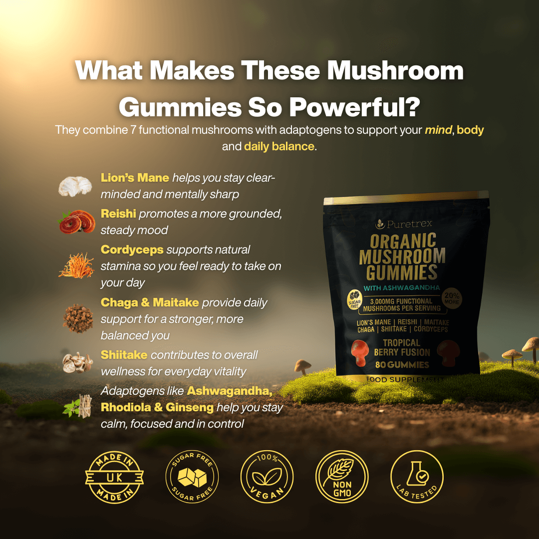 PURETREX Organic Mushroom Gummies with Lion’s Mane, Reishi, Chaga, Cordyceps, Maitake, Shiitake & Ashwagandha