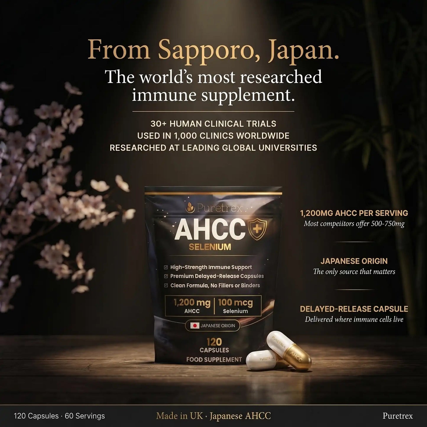 Supplement package with text highlighting AHCC and selenium, set against a dark background with decorative elements.
